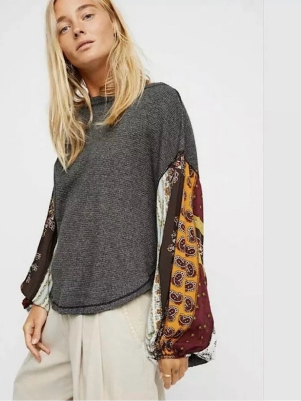 Free People We The Free Blossom Thermal Top Patchwork Sleeve Boho Medium
